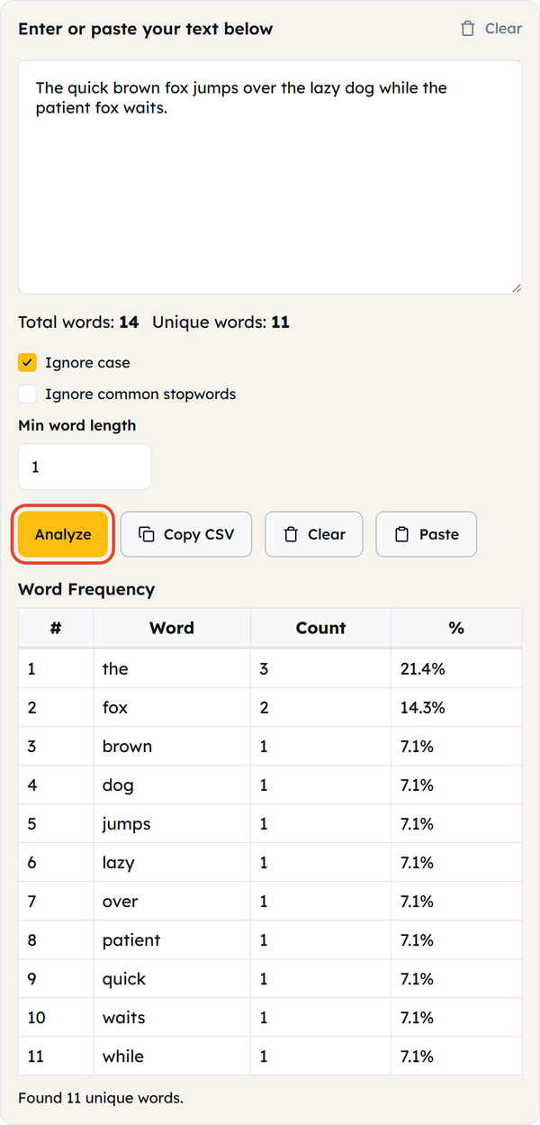 analyze button table
