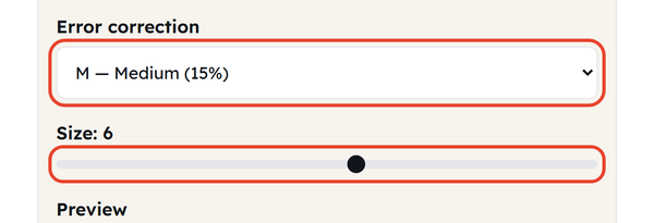 Error correction level and size slider