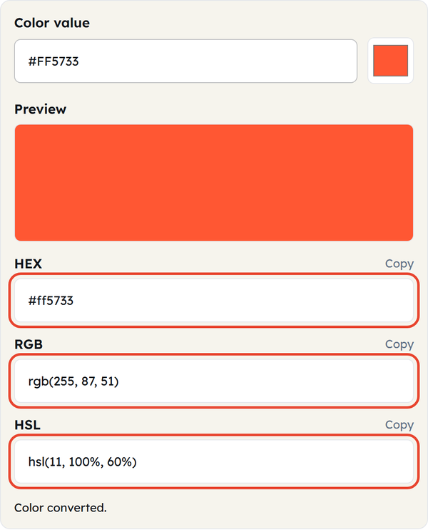 hex rgb hsl outputs