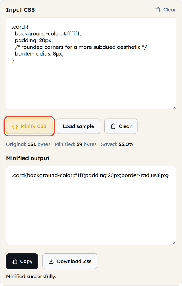 minify css button