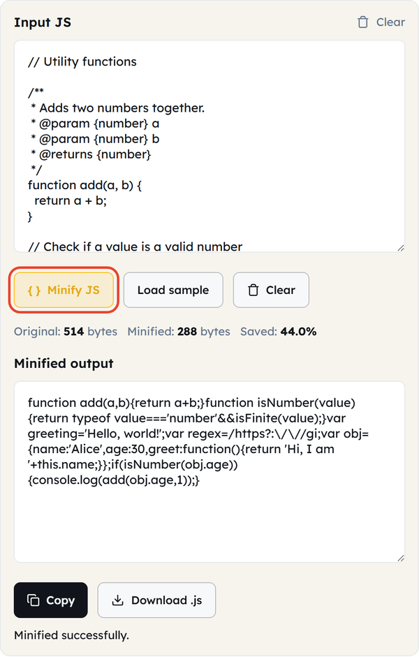minify js button