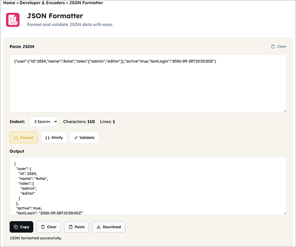 JSON formatter tool