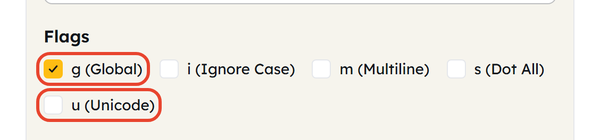 Five regex flag checkboxes