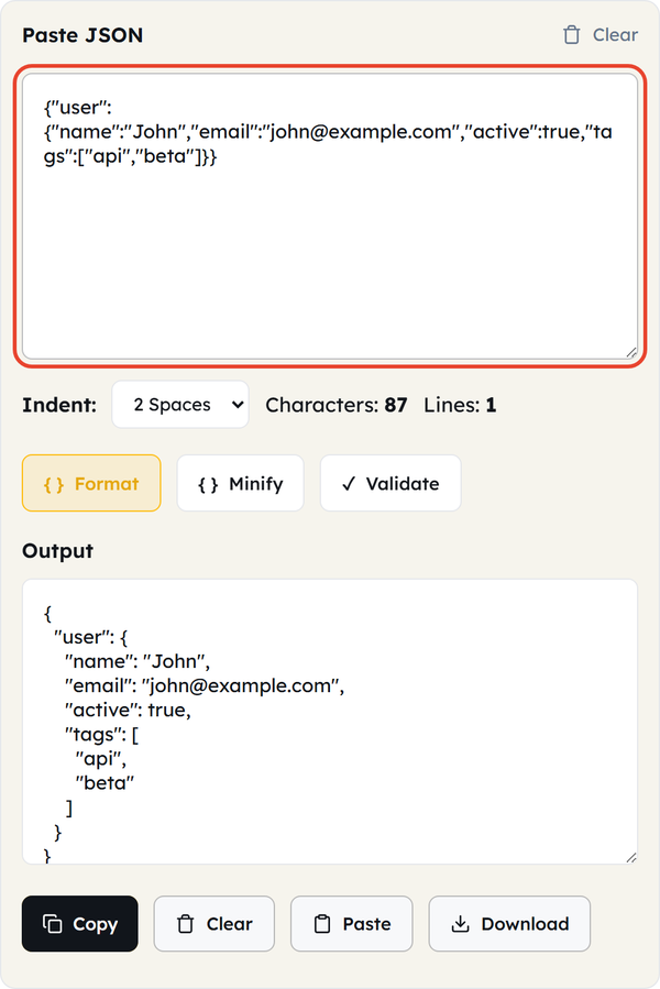 json pasted in