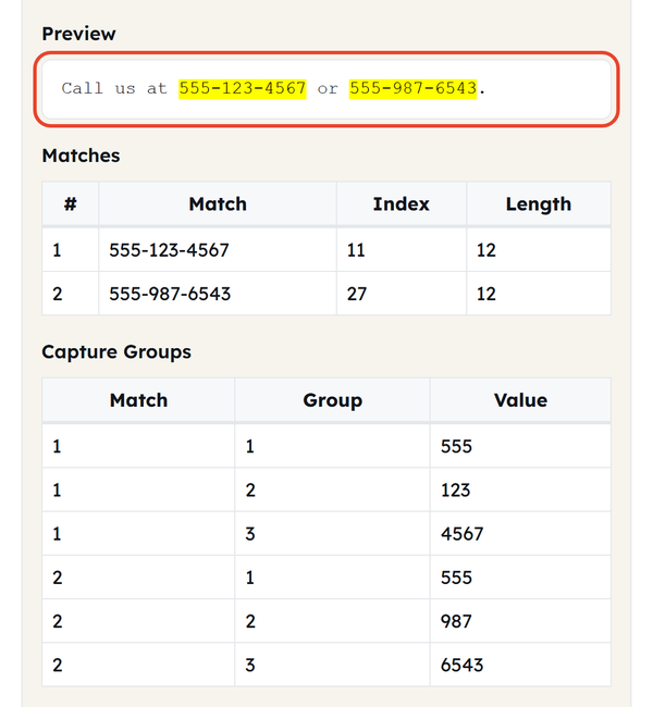 Preview matches and capture groups